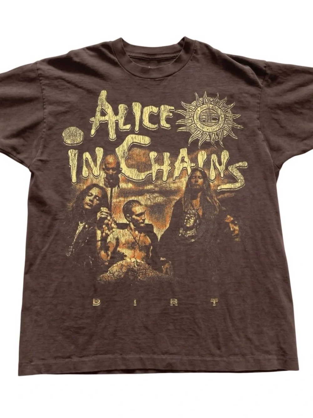 Brown Short Sleeve Band Graphic Tee with Yellow-Gold Print
